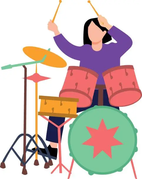 Vector illustration of The girl is playing the drum.