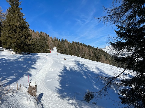 Excellently arranged and cleaned winter trails for walking, hiking, sports and recreation in the area of the tourist resorts of Valbella and Lenzerheide in the Swiss Alps - Canton of Grisons, Switzerland (Kanton Graubünden, Schweiz)