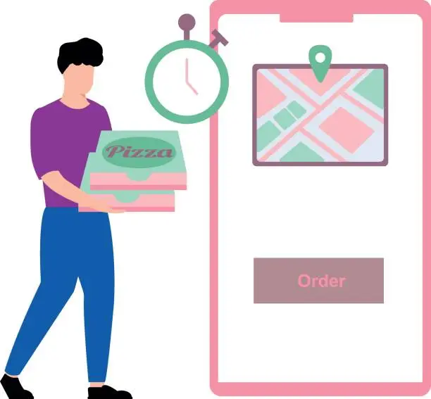Vector illustration of The boy is delivering the pizza.