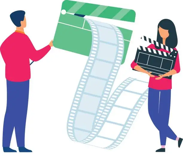 Vector illustration of A boy and a girl are working in a film production.