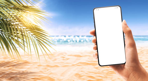 istock User holding a smartphone and tropical beach 2065118715