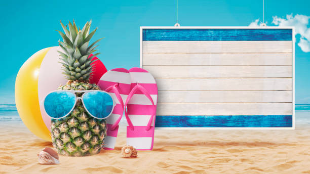 istock Cool pineapple and wooden sign at the beach 2065127641