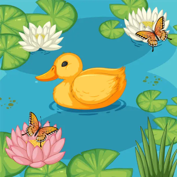 Vector illustration of Rubber duck among lilies and butterflies illustration