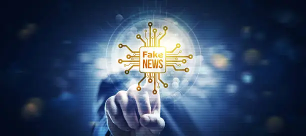 Man touching an AI chip with fake news, AI-generated fake news concept