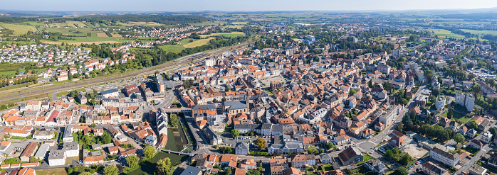 Aerial view around the old town of the city Sarrebourg France on a sunny day in early spring.