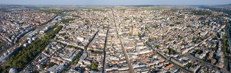 Aerial view around the old town of the city Reims on a sunny day in summer.