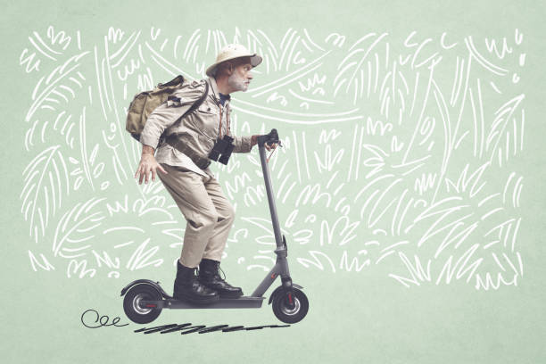 istock Vintage style explorer riding an e-scooter 2065145641