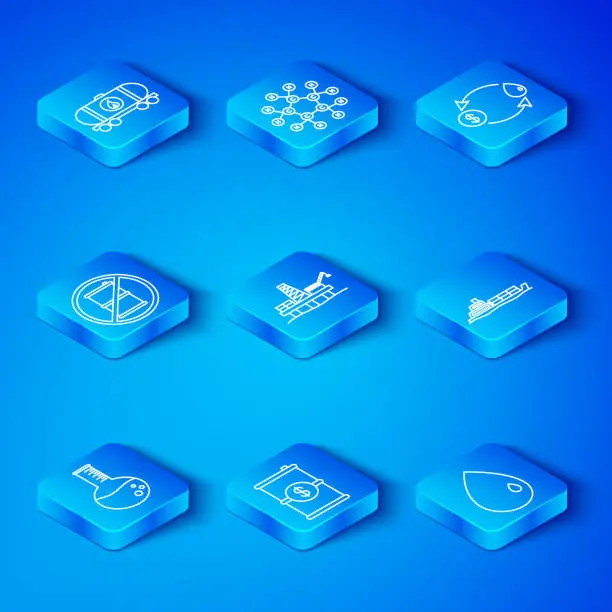 Vector illustration of Set line Oil petrol test tube, platform in the sea, Barrel oil with dollar, tanker ship, exchange, No barrel gasoline, railway cistern and drop icon. Vector