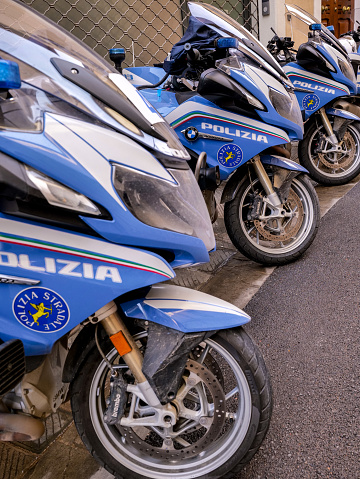Italy, March 6 -- Some motorcycles of the Highway Patrol of the Italian State Police parked along a street in Italy. Image in original 4:3 ratio and high definition quality.