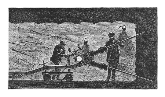 Vintage engraved illustration - Drilling machine with compressed water (Gotthard Tunnel)