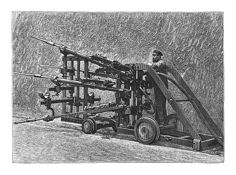 Vintage engraved illustration - Drilling machine (Gotthard Tunnel)
