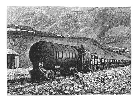 Vintage engraved illustration - Fireless locomotive with compressed air locomotive (Gotthard Tunnel)