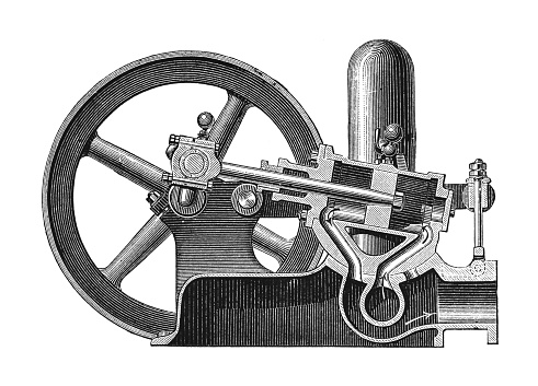 Vintage engraved illustration isolated on white background - Water engine or hydraulic motor (invented by Schmid)