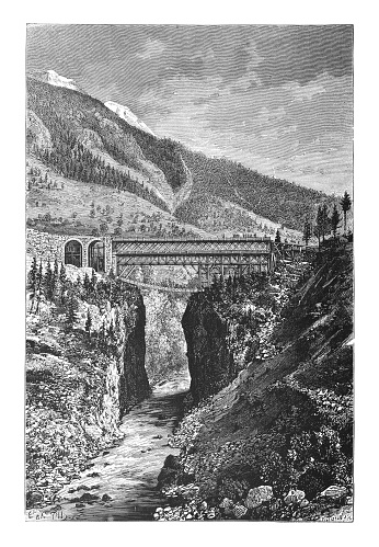 Vintage engraved illustration - Gotthard railway bridge (bridge above Ticino, Switzerland)