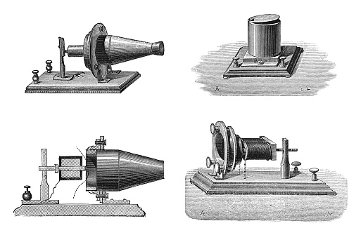 Vintage engraved illustration isolated on white background - First telephone transmitter and receiver invented by Alexander Graham Bell (1876)