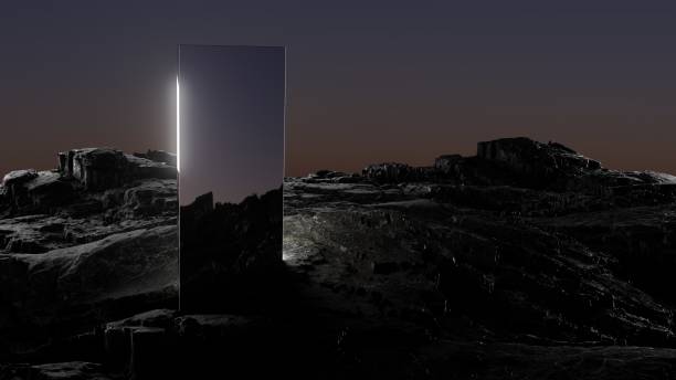 istock 3d illustration Mirror on volcanic landscape at night in desert 2065168742