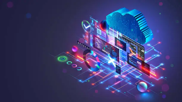 Vector illustration of Cloud computing isometric concept. Cloud storage in software development. Digital internet technology. Database remote administration. Cloud technology data center. Abstract computer interface.