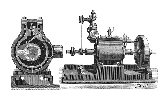 Vintage engraved illustration isolated on white background - Rotary steam engine invented by Hodson (1882)