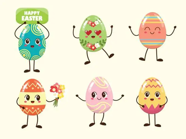 Vector illustration of Collection of cute Easter characters. Easter eggs in cartoon style with funny facial expressions. Vector illustration. Set of egg mascots. Happy Easter.