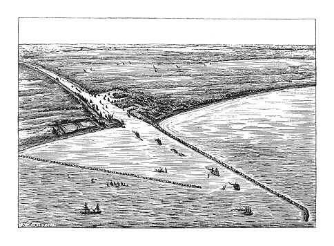 Vintage engraved illustration - Port Said (city in Egypt) with Suez Canal (waterway in Egypt, connecting the Mediterranean Sea to the Red Sea)