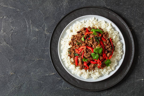 istock Thai holy basil stir fry with ground beef on plate 2065187417