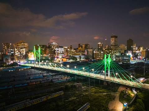 Nelson Mandela bridge and the official opening with new multi coloured lighting effects, green colour displayed here.