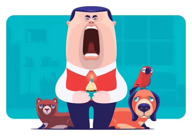 Vector illustration of lonely man holding cupcake and screaming beside pets