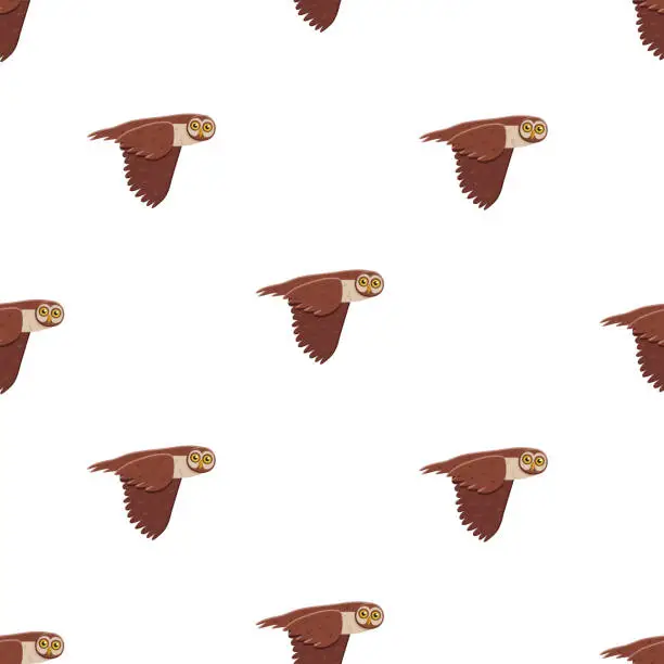 Vector illustration of Seamless pattern cute funny owl with tilted leaned head in flight. Vector background illustration of cartoon forest night birds.