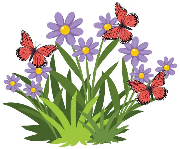 Vector illustration of Colorful butterflies perched on vibrant purple flowers