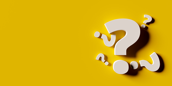 Yellow copy space background with question mark symbols in various shapes. 3d rendering