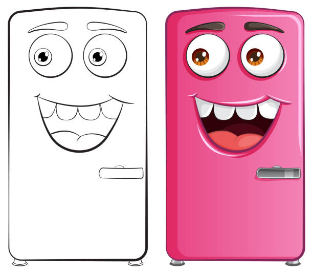 ilustraciones, imágenes clip art, dibujos animados e iconos de stock de dos neveras animadas sonrientes, una rosa y otra blanca. - refrigerator appliance domestic kitchen side by side