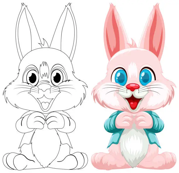 Vector illustration of Two stylized rabbits, one sketched, one colored.