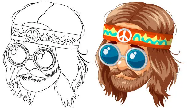 Vector illustration of Colorful and black-and-white hippie head illustrations.