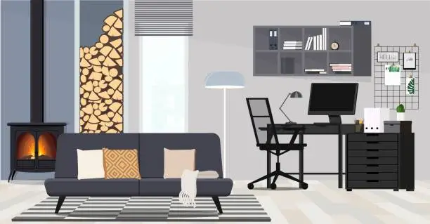 Vector illustration of Room with a work desk with a computer and a view of the city from the window