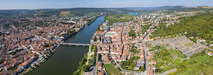 Aerial view of the city Pont-a-Mousson  in France on a sunny afternoon in Summer.