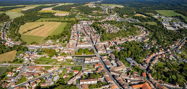 Aerial view of the city Sainte-Menehould in France on a sunny afternoon in Summer.