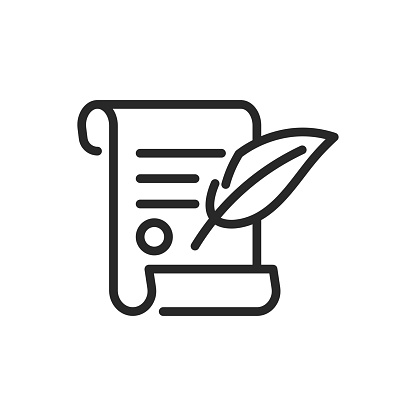 Constitution Icon with Quill Pen, Legal Document Vector Illustration. Thin Line Symbol of Law, Rights, and Governmental Principles in Historical Context