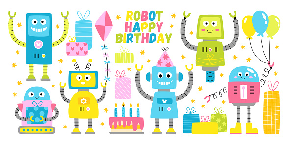 Cute funny robot mascot, futuristic artificial intelligence robotic machine cartoon characters celebrating happy birthday waving hands, showing welcome gesture, holding colorful festive balloons