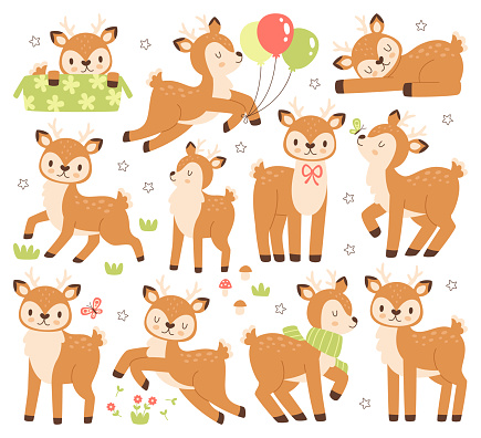 Happy cartoon animal character cute little baby deer with spots pattern on back isolated set on. Funny bambi kid sleeping, playing, jumping from gift box, running with balloons vector illustration