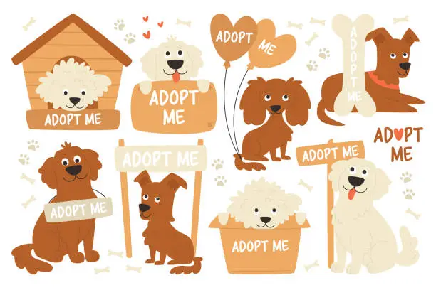 Vector illustration of Dog adoption set cute puppy cartoon characters, pet sitting in doghouse, box, sitting under signage