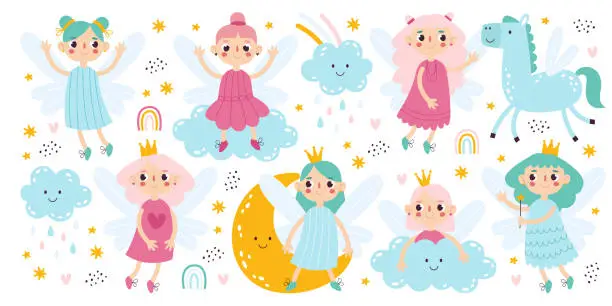 Vector illustration of Cute little girl fairies and princesses with colorful hair in beautiful dresses vector illustration