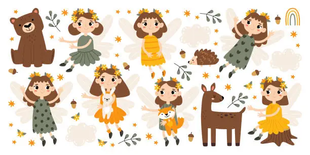 Vector illustration of Beautiful forest fairies with animals fantasy fairytale set with floral and herbs design elements