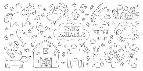 Vector illustration of Farm animals characters cute coloring book page with outline pets set for little kids education