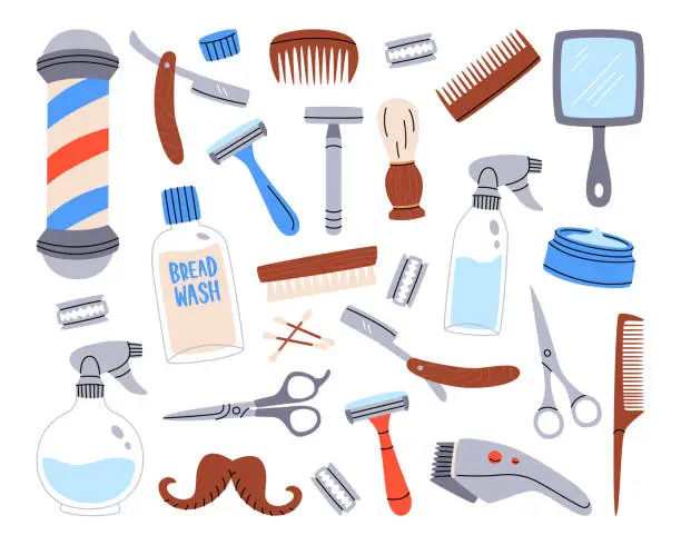 Vector illustration of Barber tools, appliance and equipment set for barber shop, grooming and hairdressing beauty salon