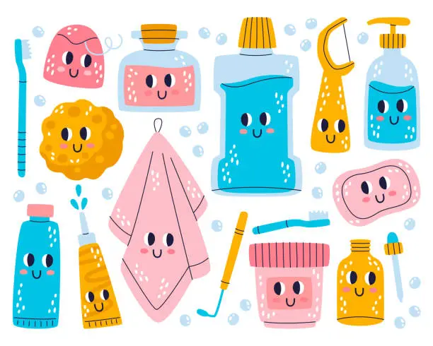 Vector illustration of Cute hygiene characters skin, dental and health care products and cosmetics set vector illustration