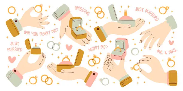 Vector illustration of Hands holding wedding rings for marriage ceremony, jewelry for romantic proposal and engagement