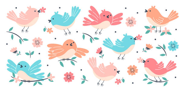 śliczne wiosenne ptaki latające, tweetujące otoczone kwiatowymi elementami wzoru ilustracja wektorowa - spring birdsong bird seamless stock illustrations