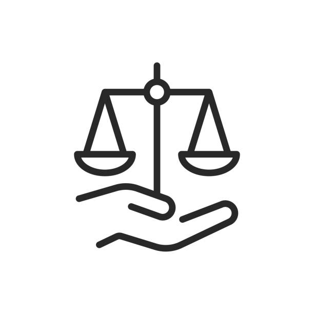 стокові ілюстрації на тему шкала справедливості на руці значок, символ права і справедливості, вектор правової рівноваги. знак тонкої лінії демократії, прав і рівност - рівноплечні ваги