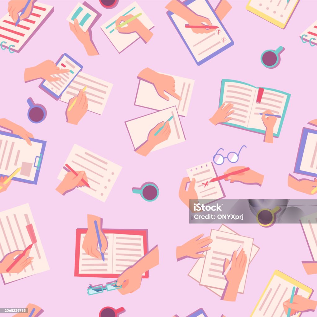 Hands Notes Pattern Top View Table Notes With Business Managers Writing ...