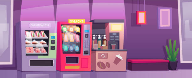 istock Vending machine in market. Mall or grocery food markets with vending machines exact vector cartoon background 2065229786